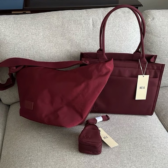 BEIS Handbags - BEIS Burgundy Tote, Crossbody and Pouch Set